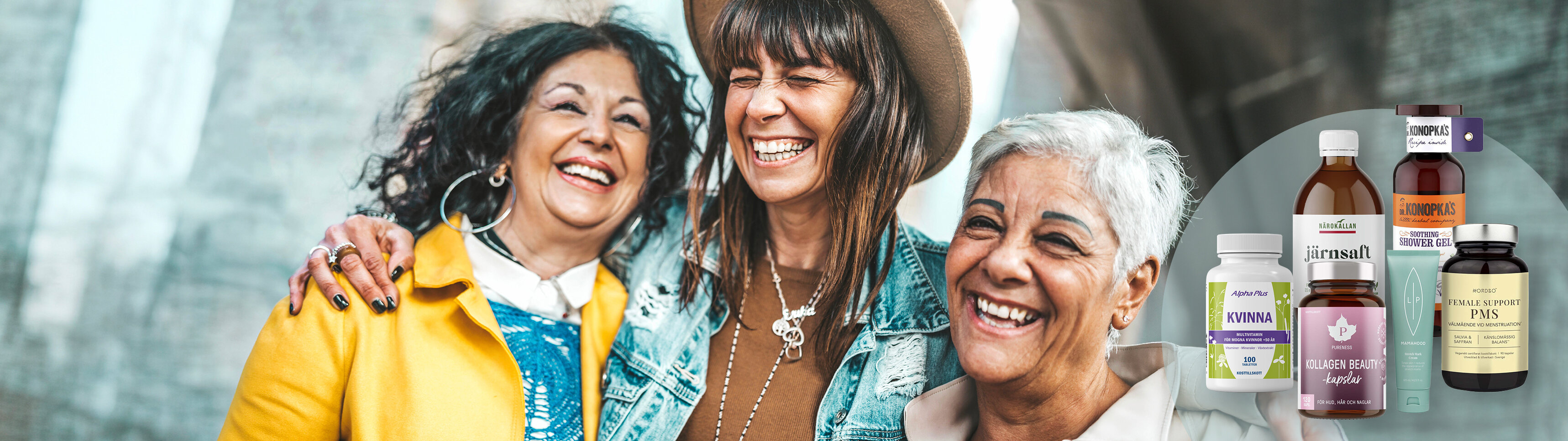 Tre kvinnor som ler och ser ut att ha kul tillsammans. Det finns även produkter som är med i den aktuella kampanjen Medlemskampanj - upp till 30% på utvalt. 