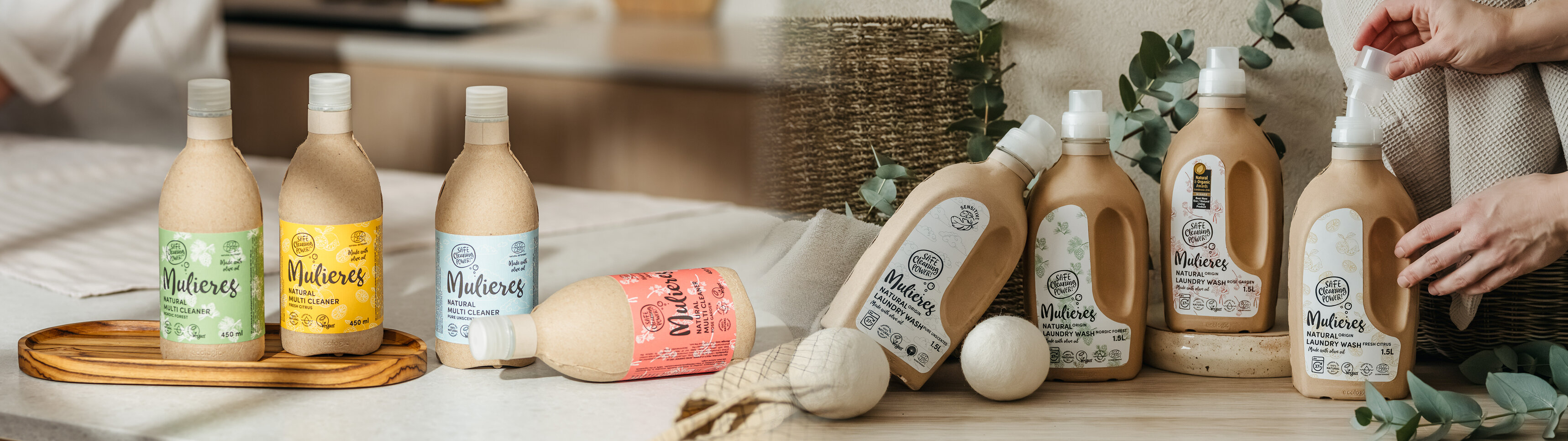 Beige bakgrund med palmblad framför där Ecodentas tandkrämer står uppradade i förgrunden.