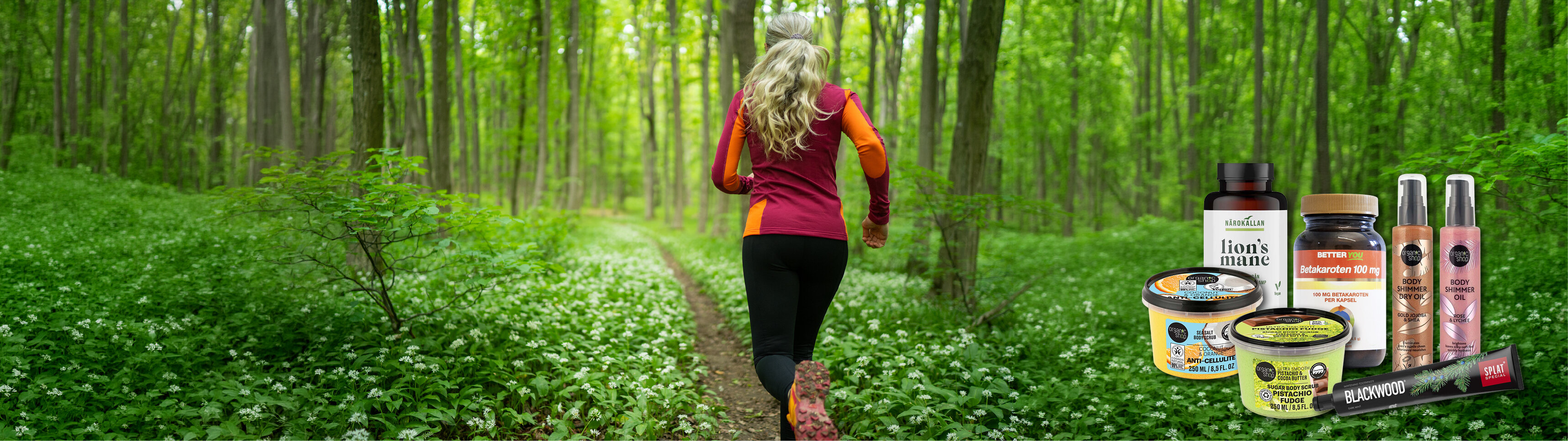 Kvinna som springer i skogen. Produkter från Hälsokrafts vårkampanj är inklippta i bilden. Kampanjen har produkter med upp till 25% rabatt.