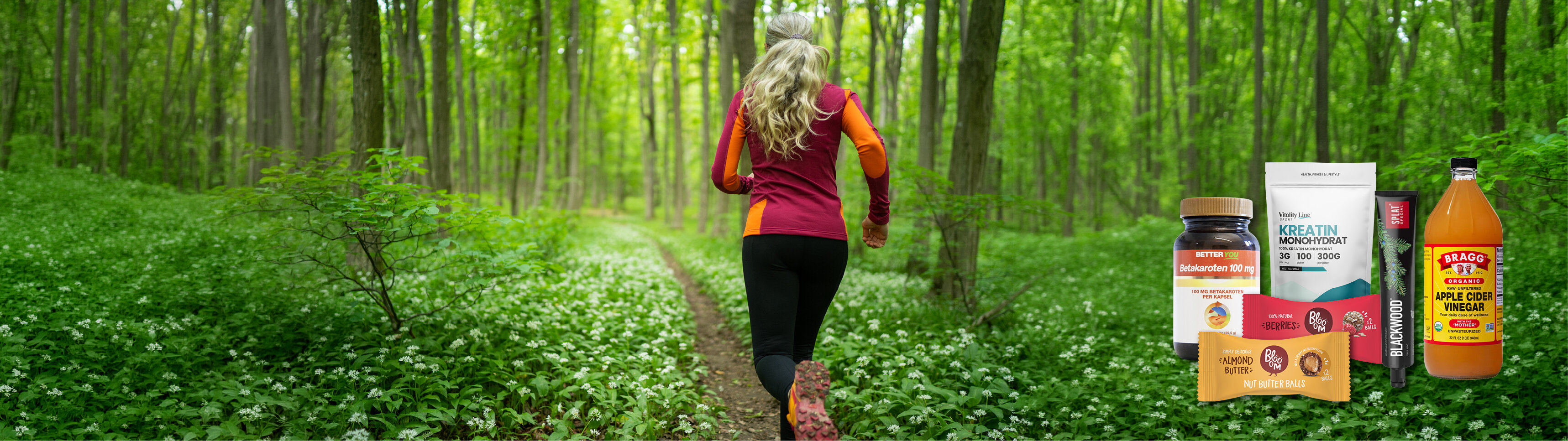 Kvinna som springer i skogen. Produkter från Hälsokrafts vårkampanj är inklippta i bilden. Kampanjen har produkter med upp till 25% rabatt.