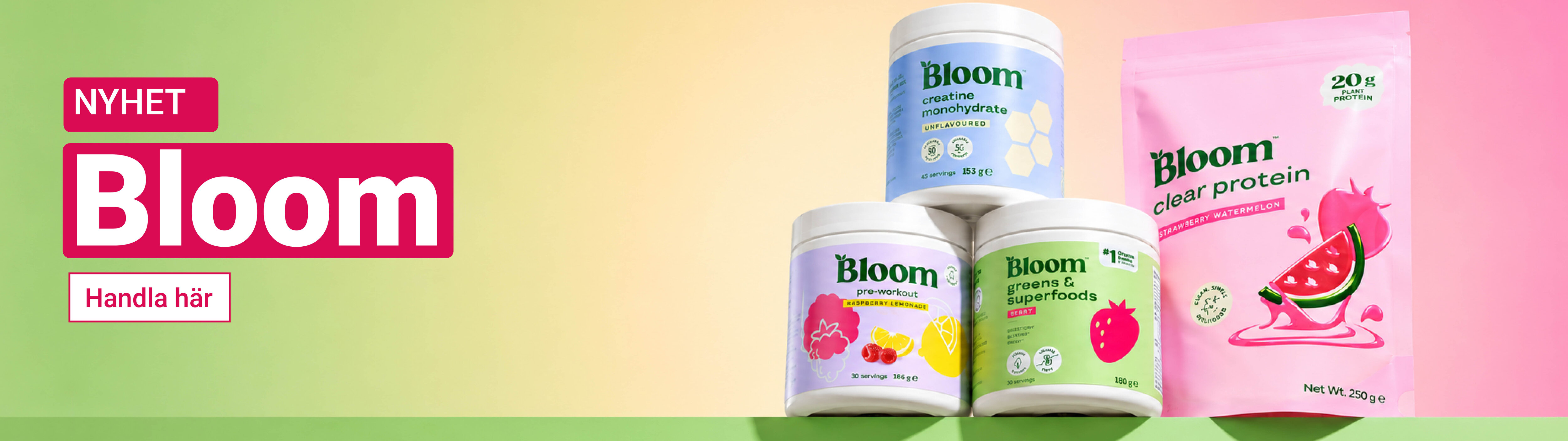 Grön och rosa bakgrund flera produkter från Bloom.