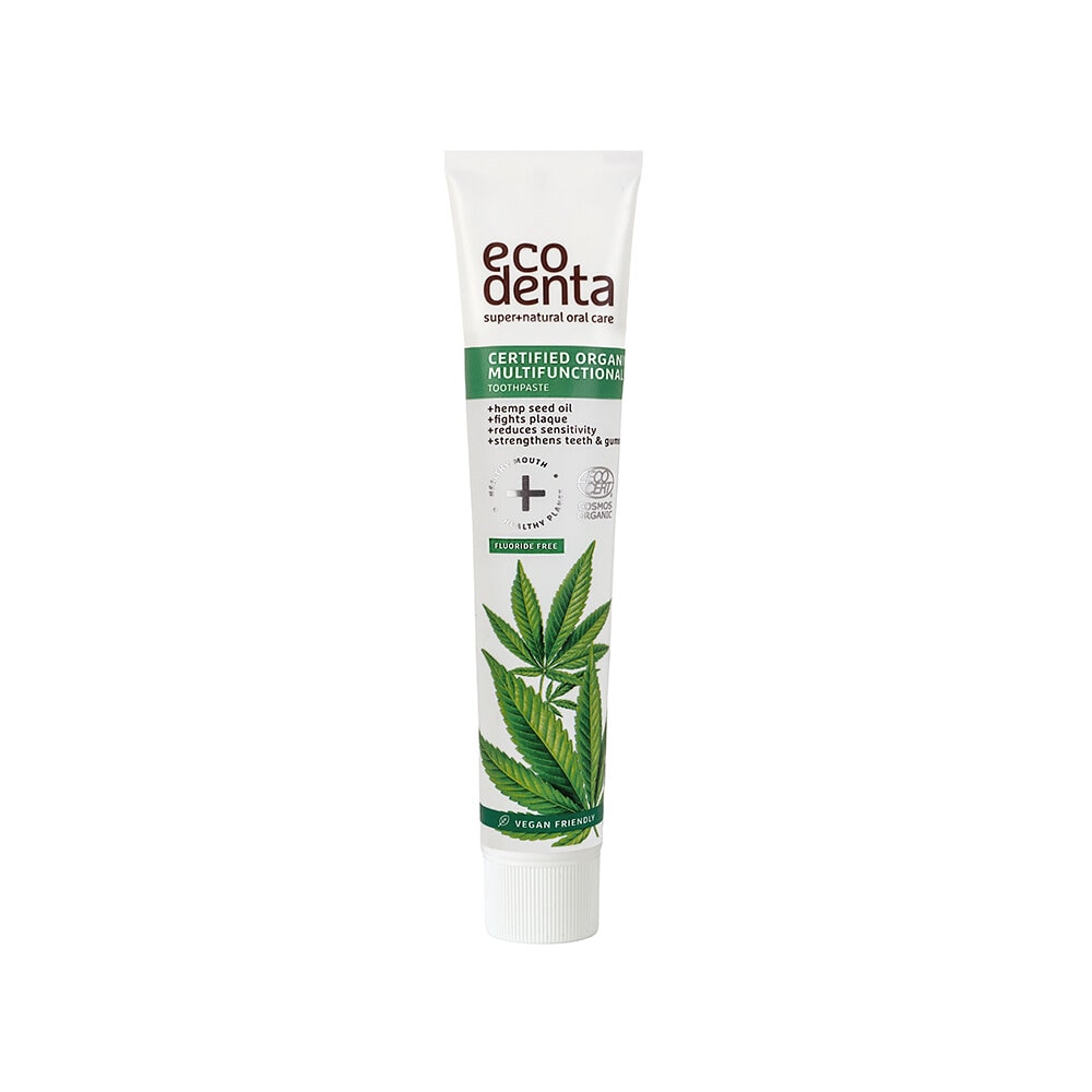 Fluorfri tandkräm från Ecodenta med hampafröolja och aloe vera. Skonsam för känsliga tänder och ger frisk andedräkt