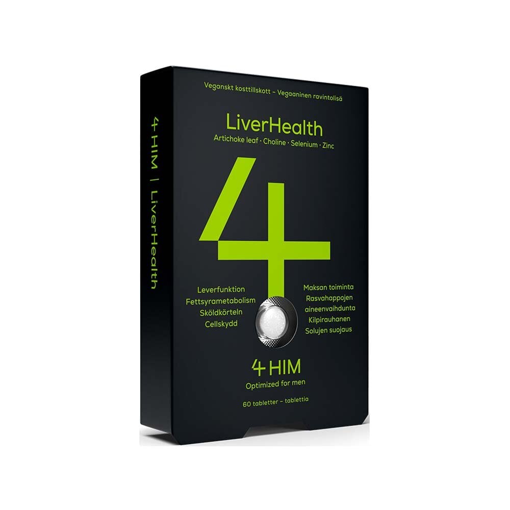 Sned bild av framsidan på 4Him LiverHealth 60 tabletter med svart bakgrund och limegrön text