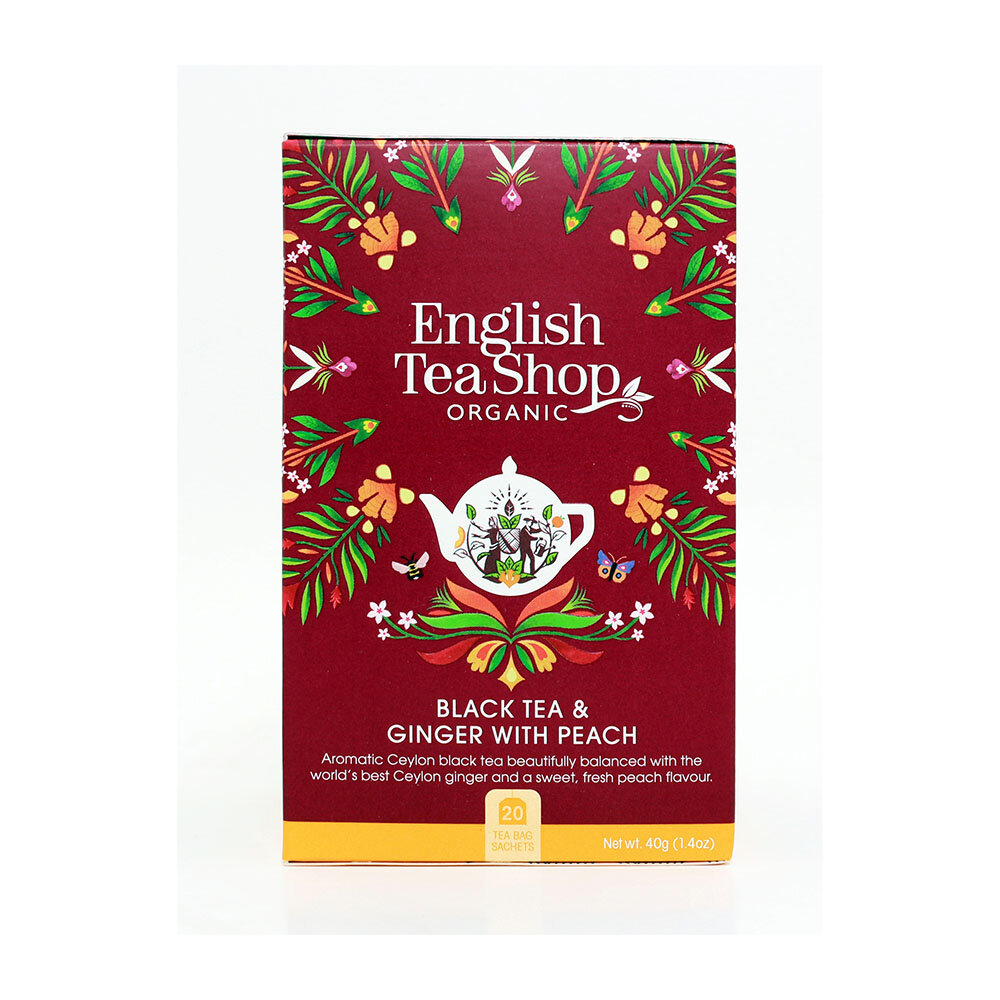 English Tea Shop svart ekologiskt te med ingefära och persika. Mild hetta och fruktighet i en balanserad blandning
