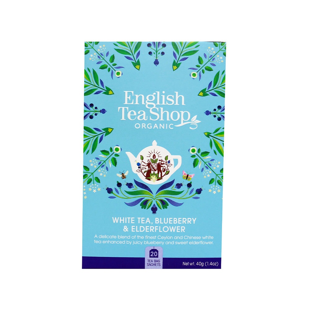 Ekologiskt vitt te med blåbär, fläder och citrongräs från English Tea Shop. Mild smak, passar både varmt och kallt
