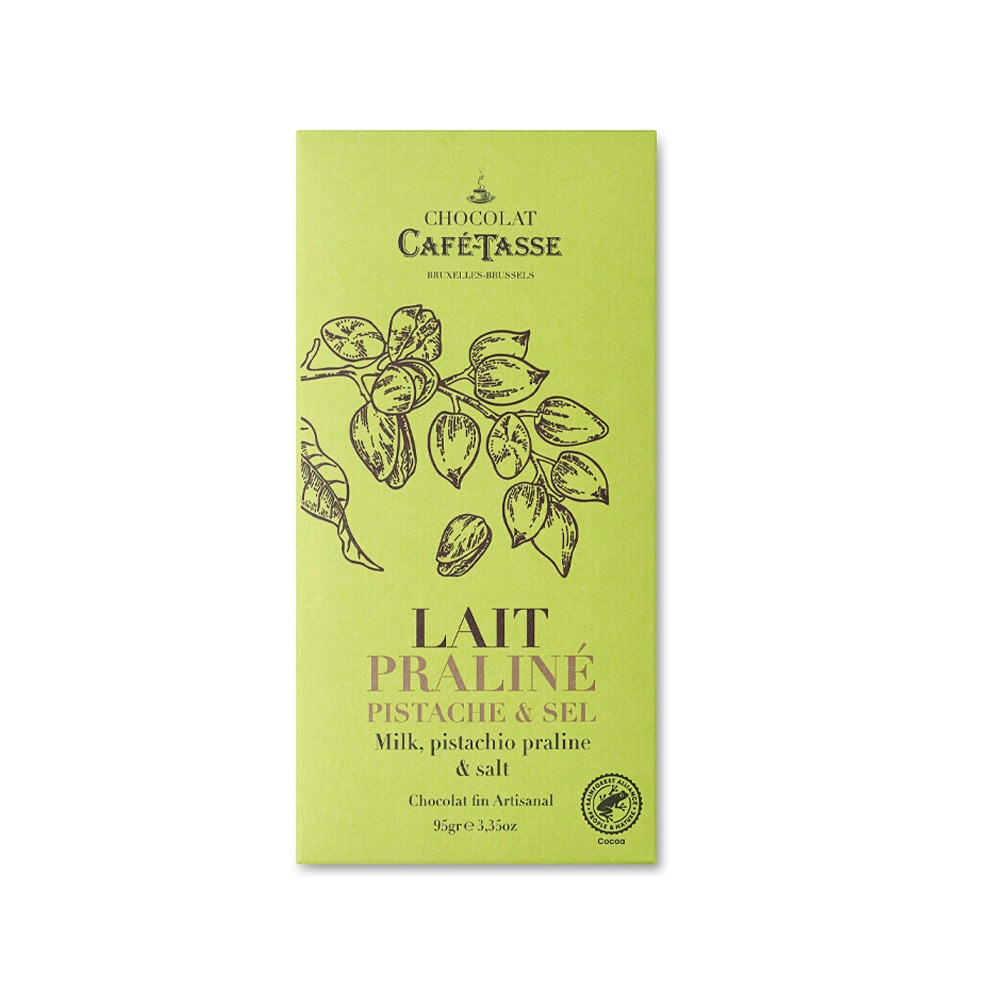 Ljus choklad med fyllning av pistage puffat ris och havssalt 95g