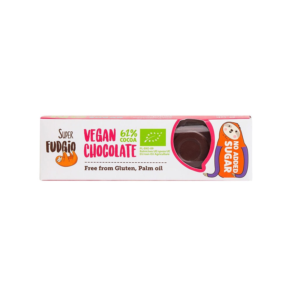 Vegansk chokladkaka med 62% kakao, utan tillsatt socker, gluten- och palmoljefri, 80 g.