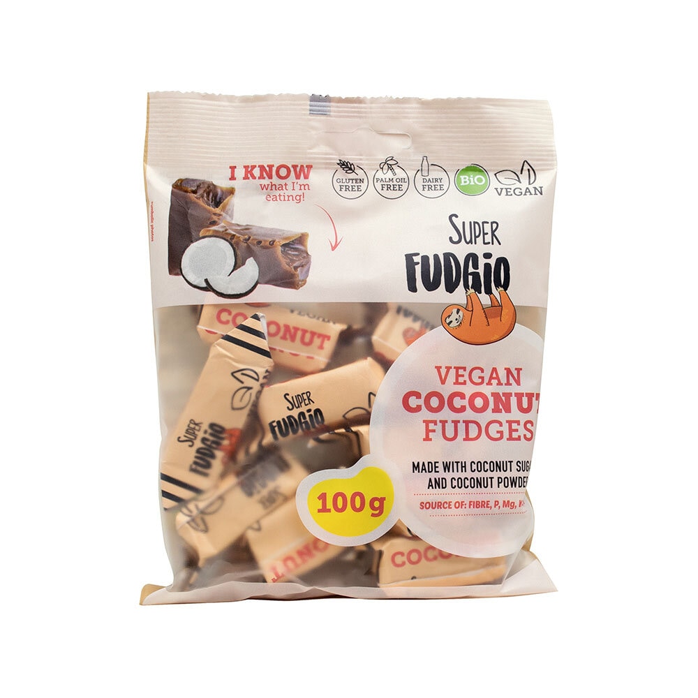 Ekologiska och veganska kokosfudges, sötade med kokossocker, gluten- och palmoljefria, 100 g