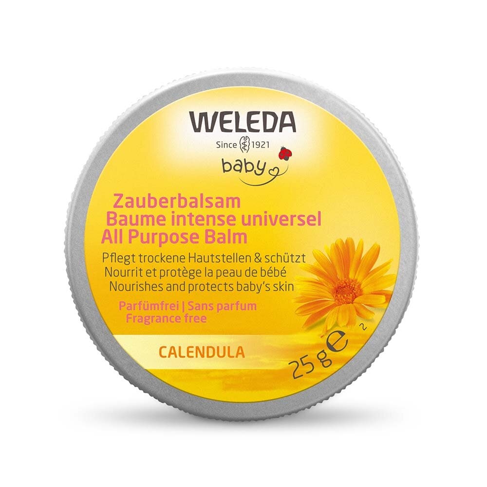 Plåtburk-med-All-Purpose-Balm-från-Weleda-25g-för-barn-parfymfri-med-ringblomma