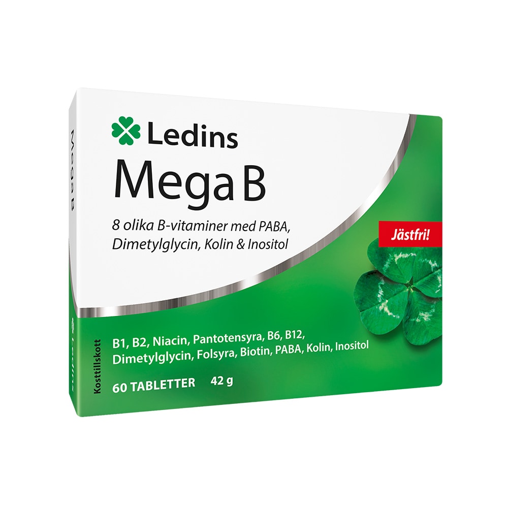 Förpackning-med-Mega-B-från-Ledins-60-tabletter-42g-innehåller-8-olika-B-vitaminer-jästfri-